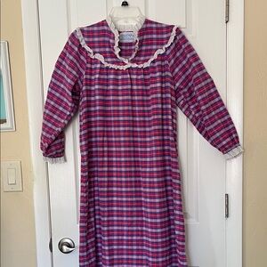 Lanz of Salzburg vintage flannel plaid maxi nightgown pink blue white eyelet S/M